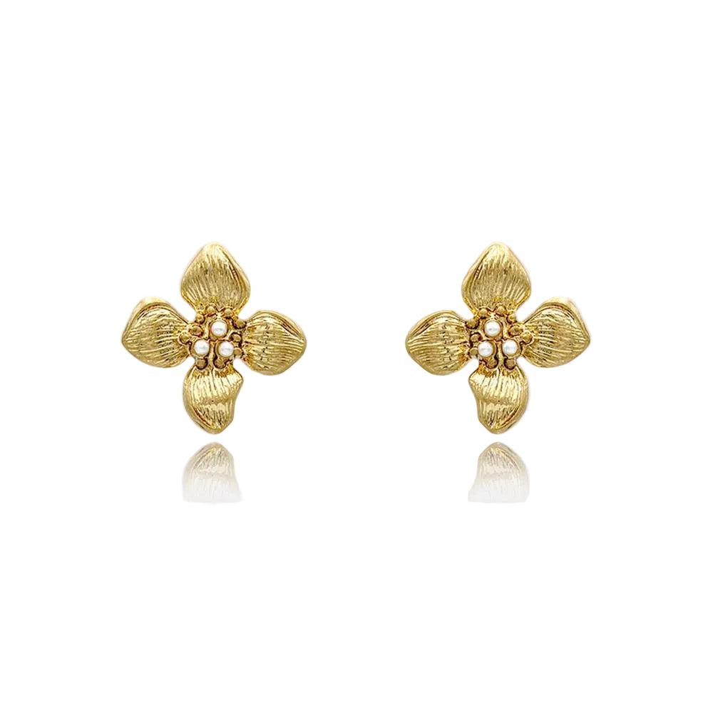 Pendientes de botón Perla Flor Dorada