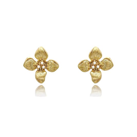 Golden Blossom Pearl Stud Earrings
