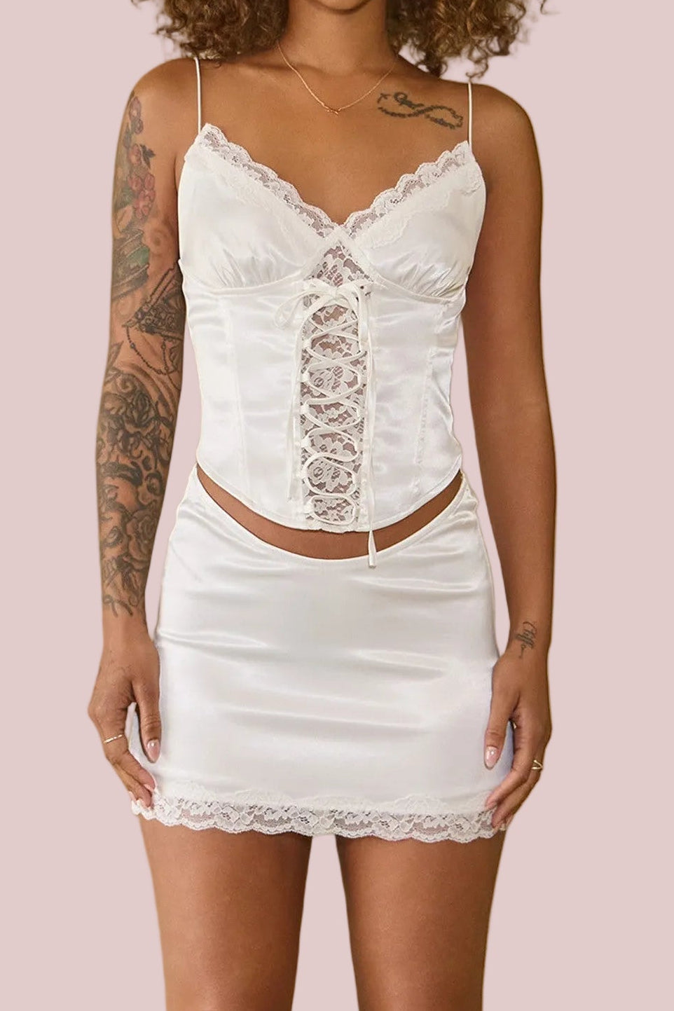 The Lace-Up Satin & Lace Mini Set