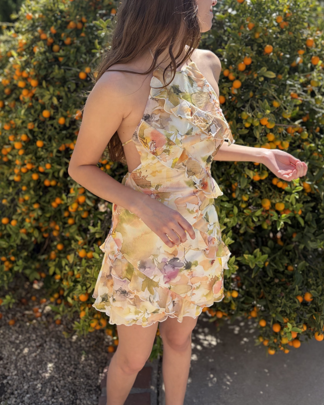 Sunny Floral Ruffled Halter Dress