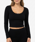 Ava Lace Trim Scoop Neck Long Sleeve - Black