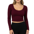 Ava Lace Trim Scoop Neck Long Sleeve - Burgundy
