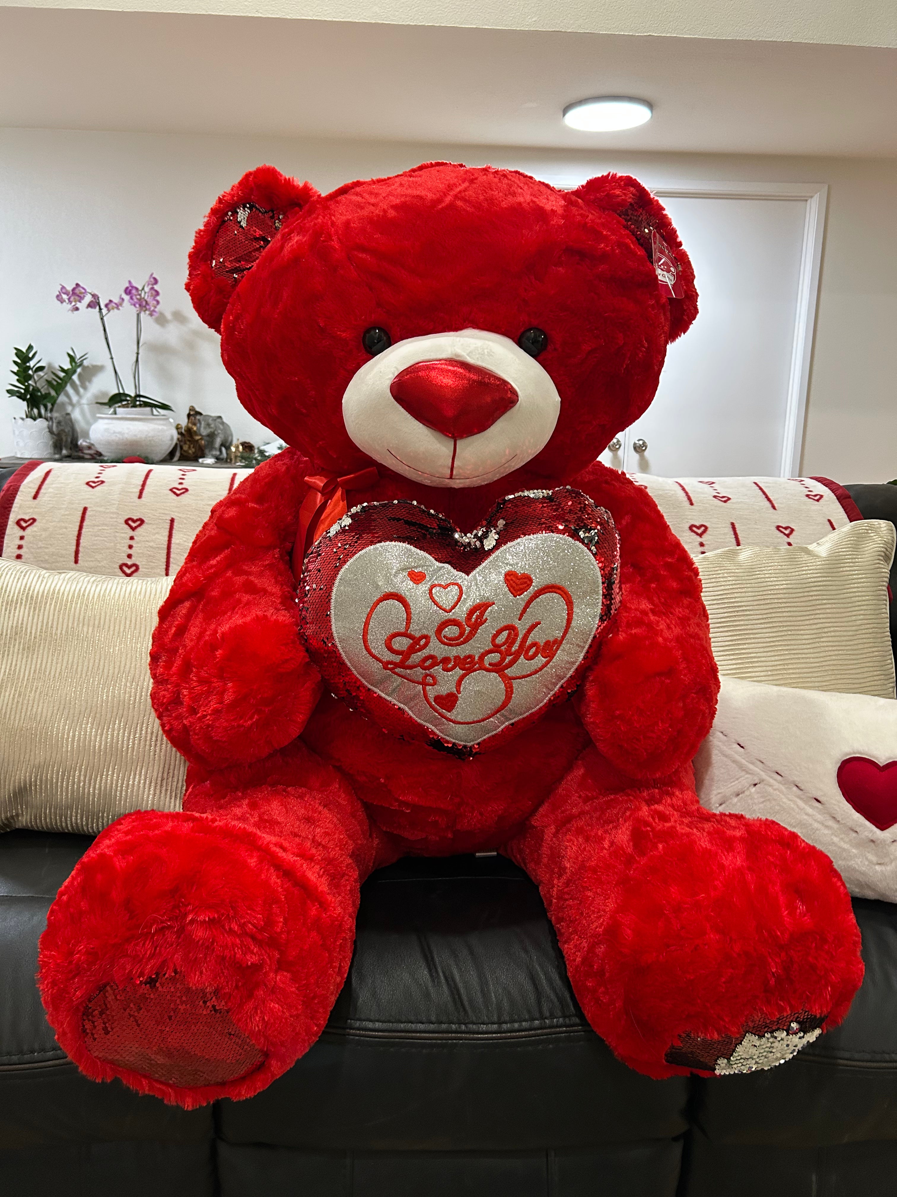 Red teddy bear with 'I Love You' heart on a couch