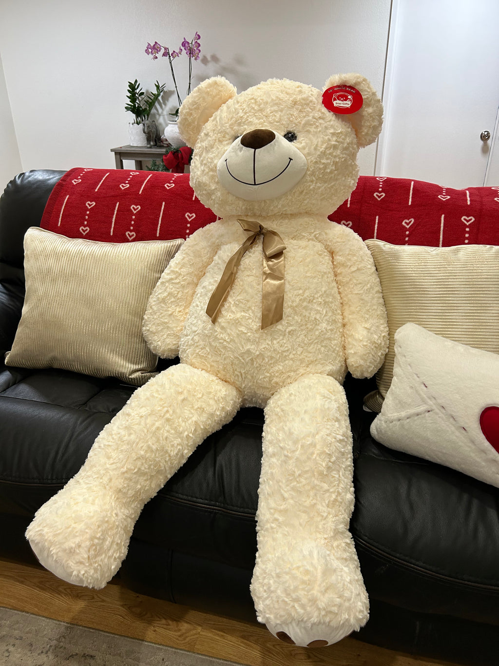 Large White Teddy Bear with Bow Tie