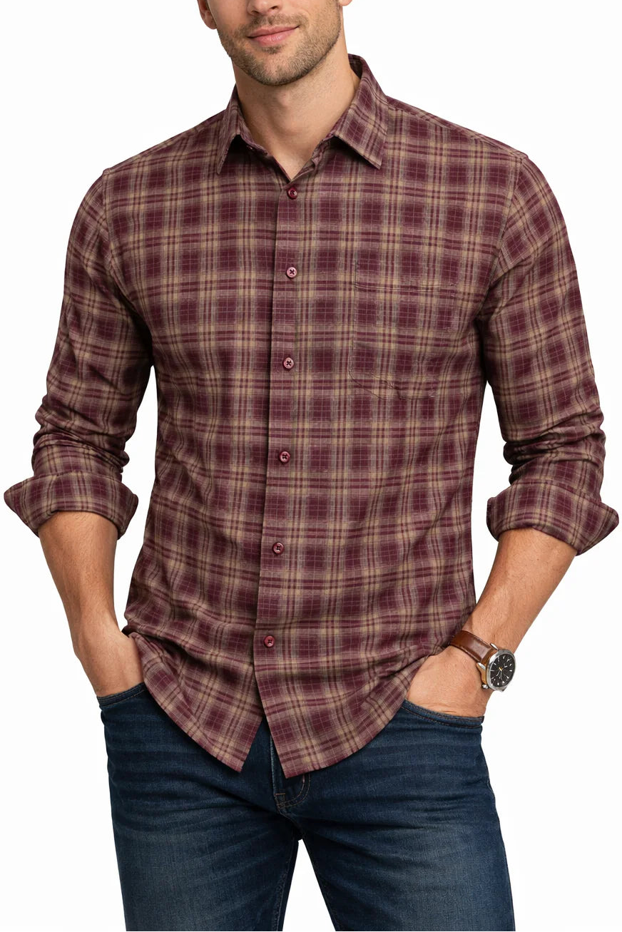 Burgundy Classic Plaid Button-Down Shirt – Be Style