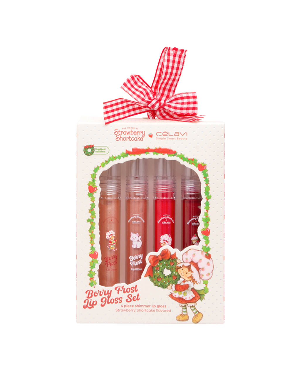Set of lip glosses in a decorative box with a bow, featuring illustrations of a Santa Claus and a helper.
