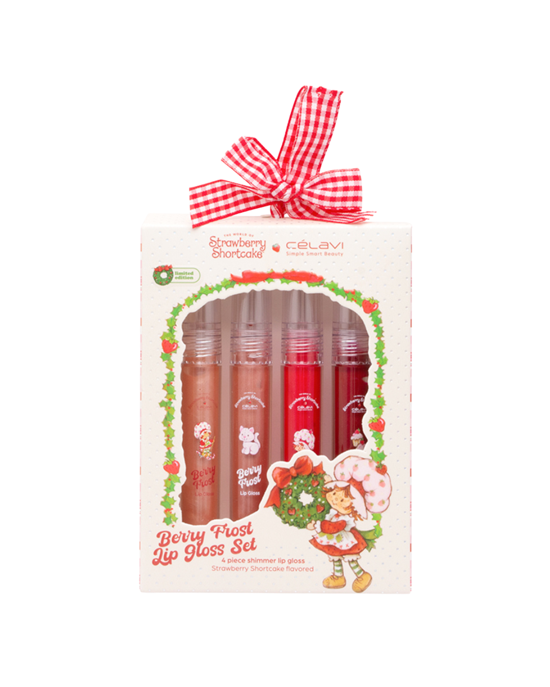 Set of lip glosses in a decorative box with a bow, featuring illustrations of a Santa Claus and a helper.