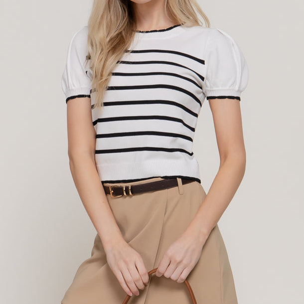 Scallop Trim Striped Short Sleeve Sweater