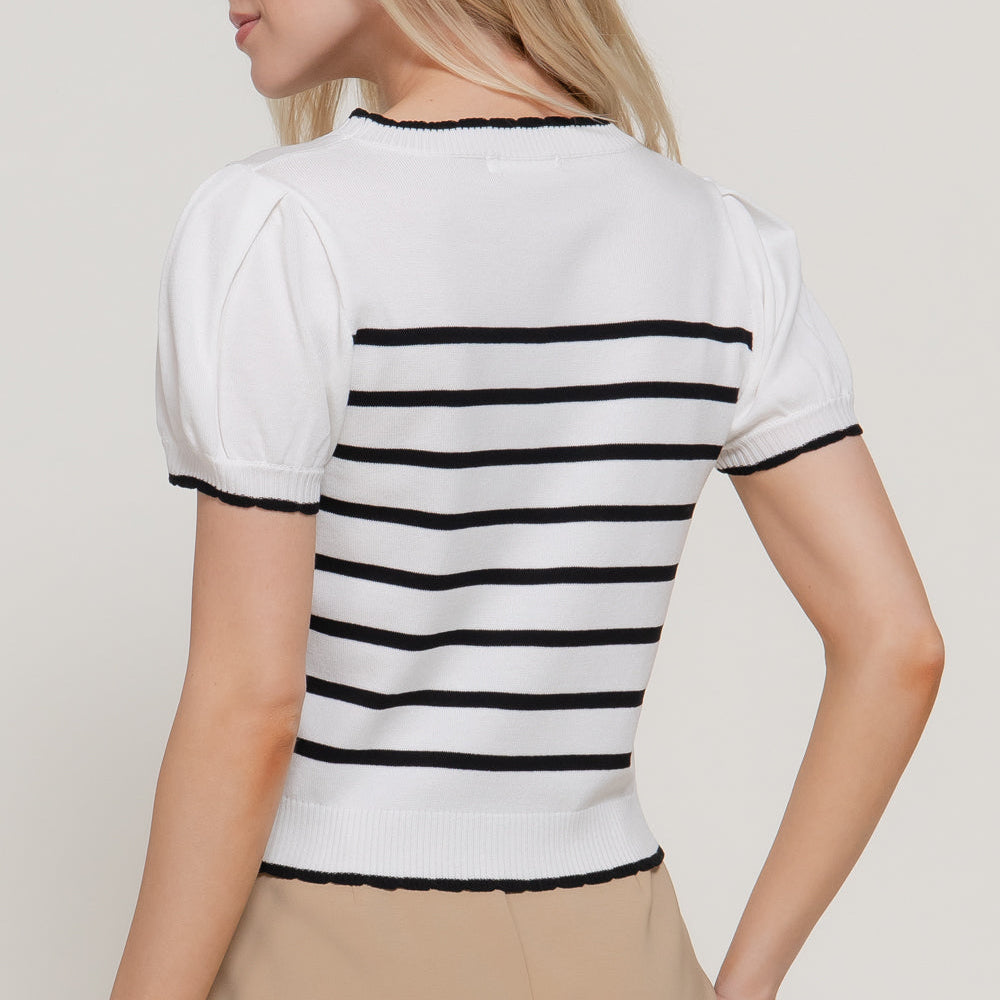 Scallop Trim Striped Short Sleeve Sweater