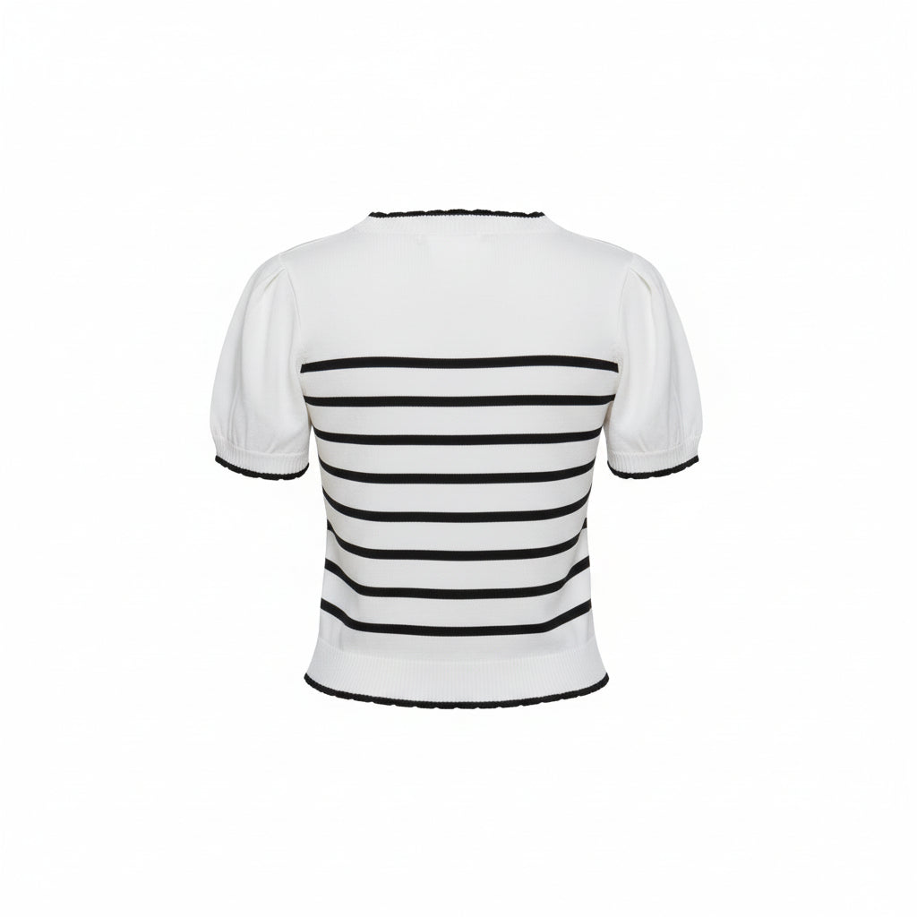 Scallop Trim Striped Short Sleeve Sweater