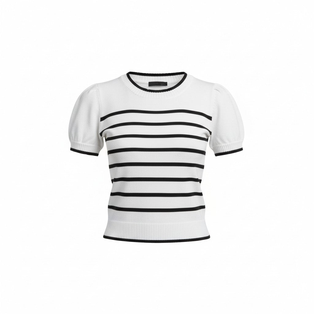 Scallop Trim Striped Short Sleeve Sweater