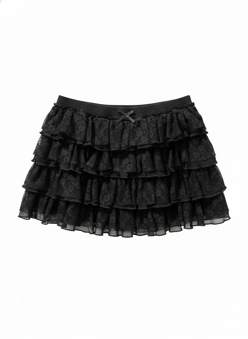Minifalda pantalón con volantes de encaje - Negra