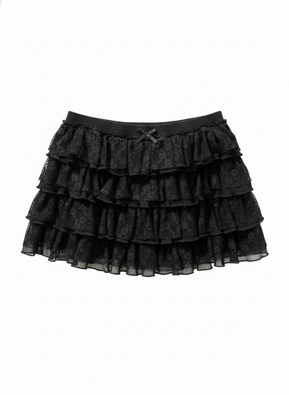 Minifalda pantalón con volantes de encaje - Negra