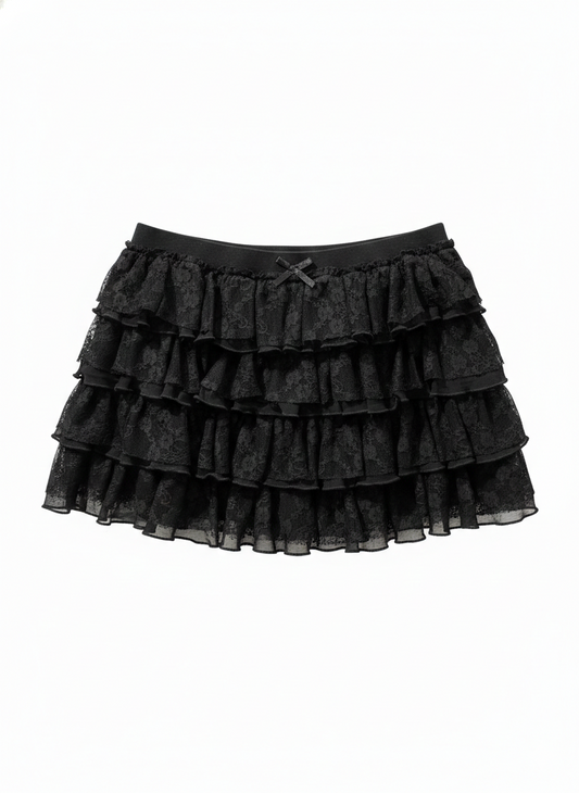 Minifalda pantalón con volantes de encaje - Negra