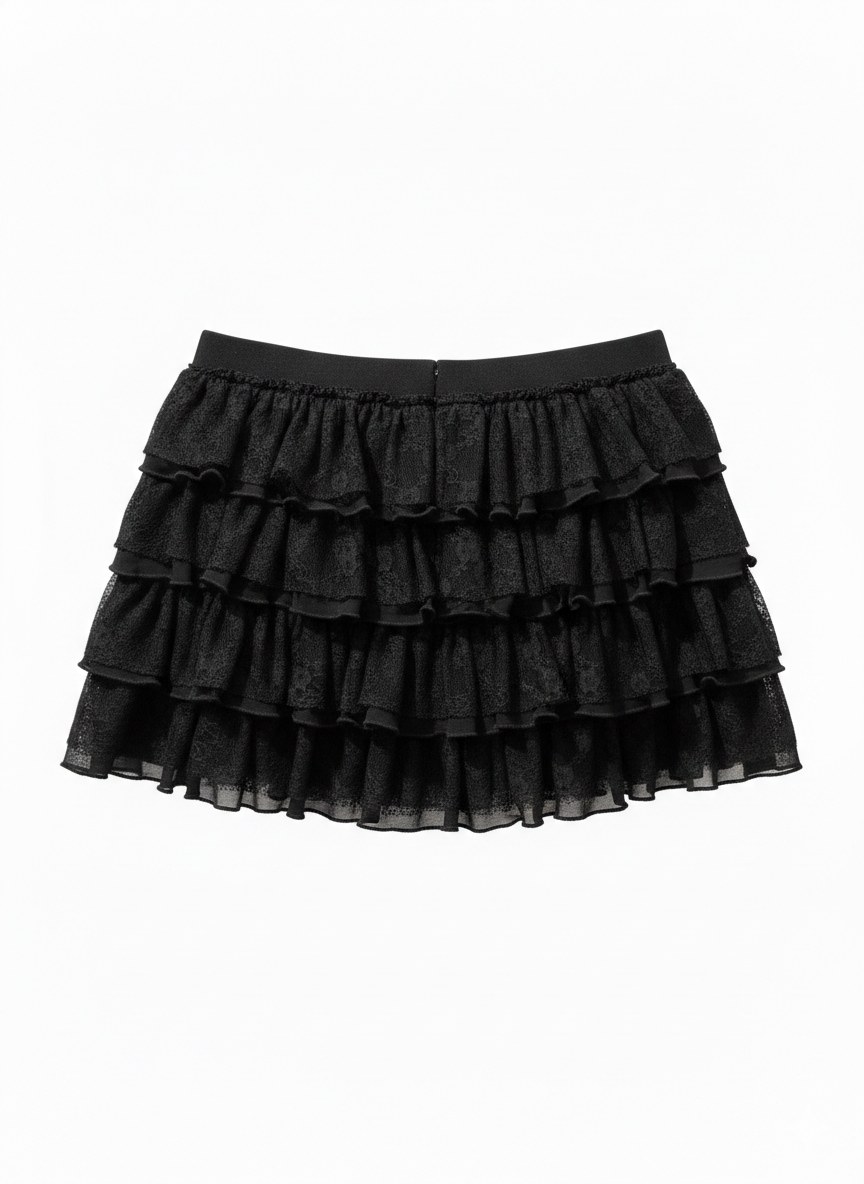 Minifalda pantalón con volantes de encaje - Negra