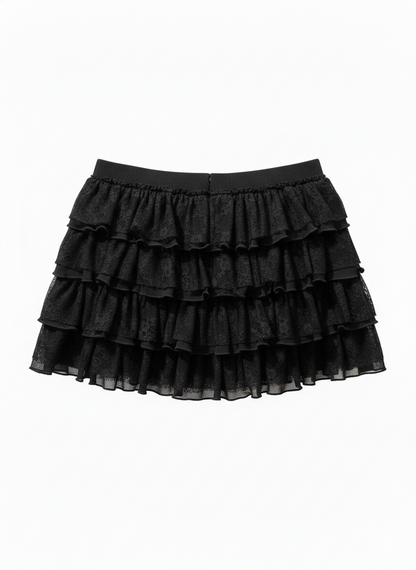 Minifalda pantalón con volantes de encaje - Negra
