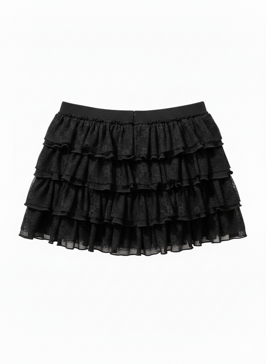 Minifalda pantalón con volantes de encaje - Negra