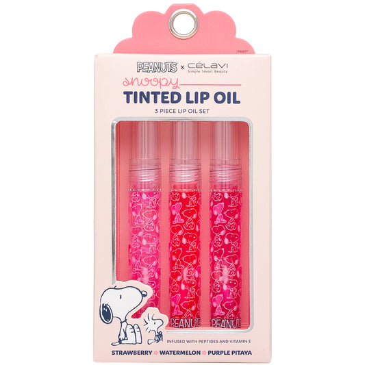 Packaging of Snoopy-themed tinted lip oil set with three lip oils inside.
