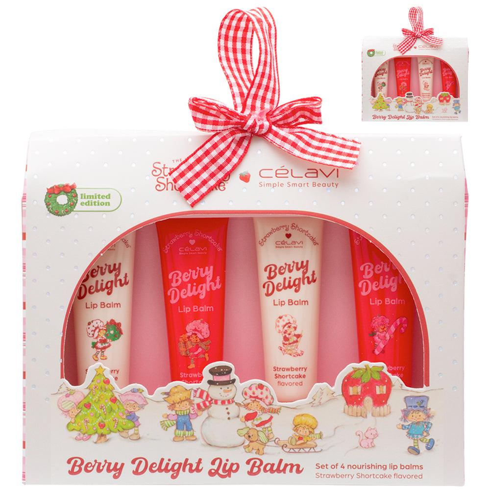 Set of 4 berry delight lip balms in a Celavi packaging with a red and white checkered bow.