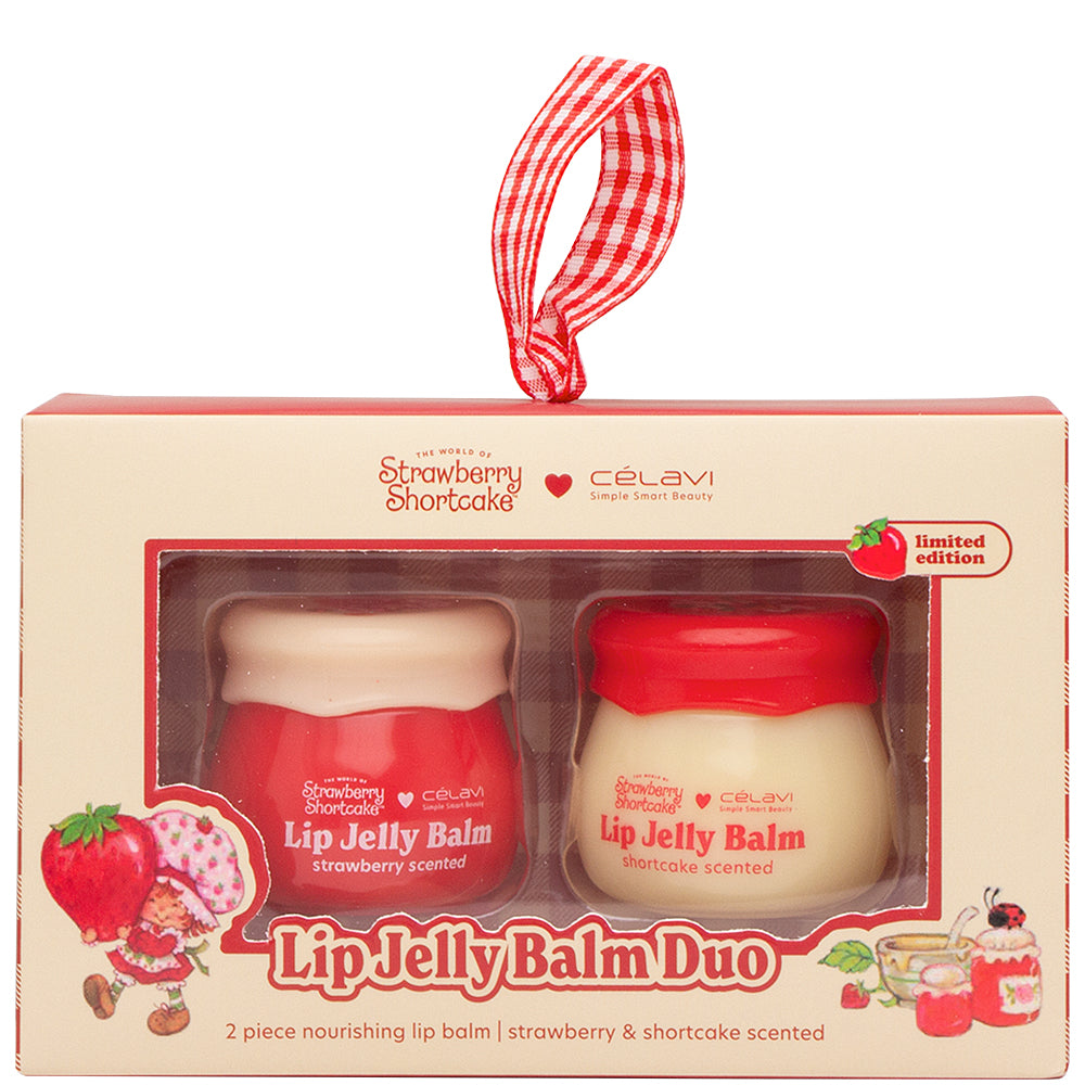 Celavi Lip Jelly Balm Duo set in a decorative box with Strawberry Shortcake branding.