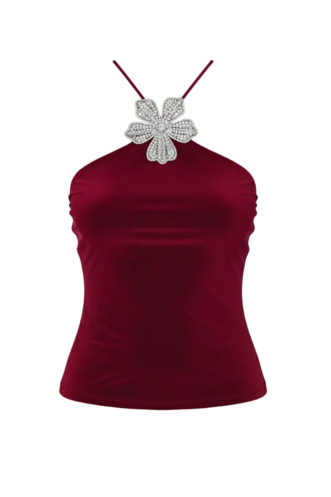 Merlot Crystal-Embellished Flower Halter Back Top