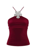 Merlot Crystal-Embellished Flower Halter Back Top